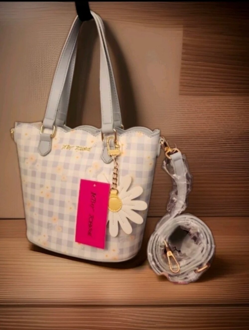 Betsey Johnson Plaid Daisy Flower Pattern Satchel Crossbody Bag Purse Charm - Picture 6 of 11